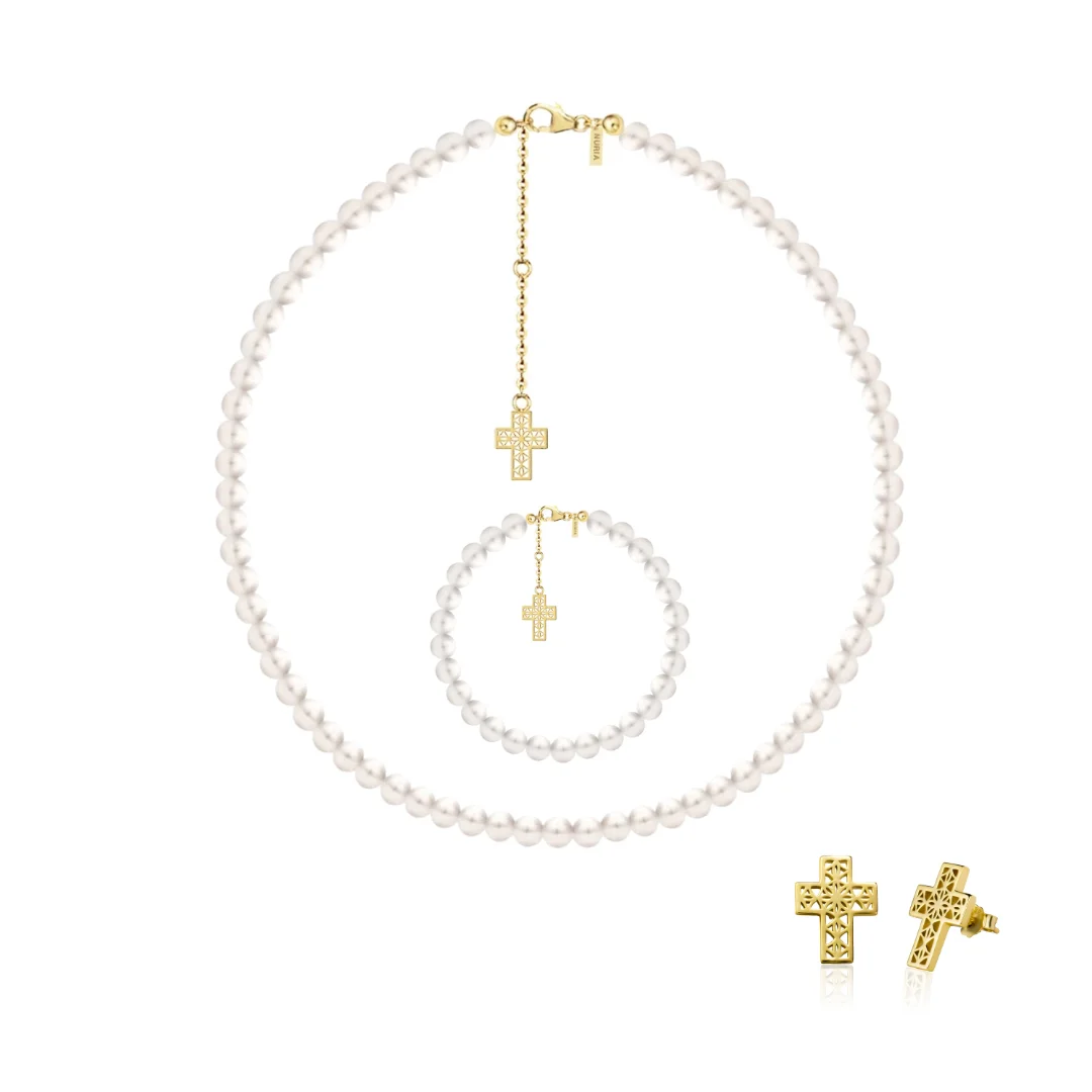 Seturi bijuterii din argint - Set Colier, Brățară și Cercei din argint cu perle naturale de cultură mari Cruce Auriu