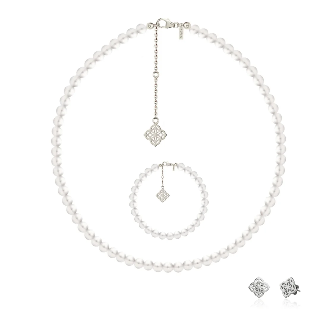Seturi bijuterii din argint - Set Colier, Brățară și Cercei din argint cu perle naturale de cultură mari Inimă Argintiu