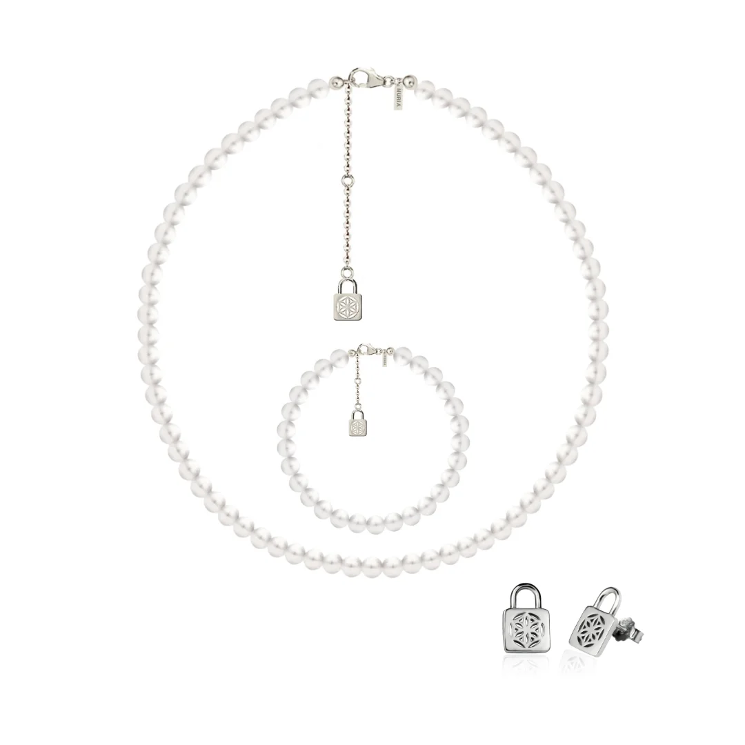 Seturi bijuterii din argint - Set Colier, Brățară și Cercei din argint cu perle naturale de cultură mari Sigiliu Argintiu