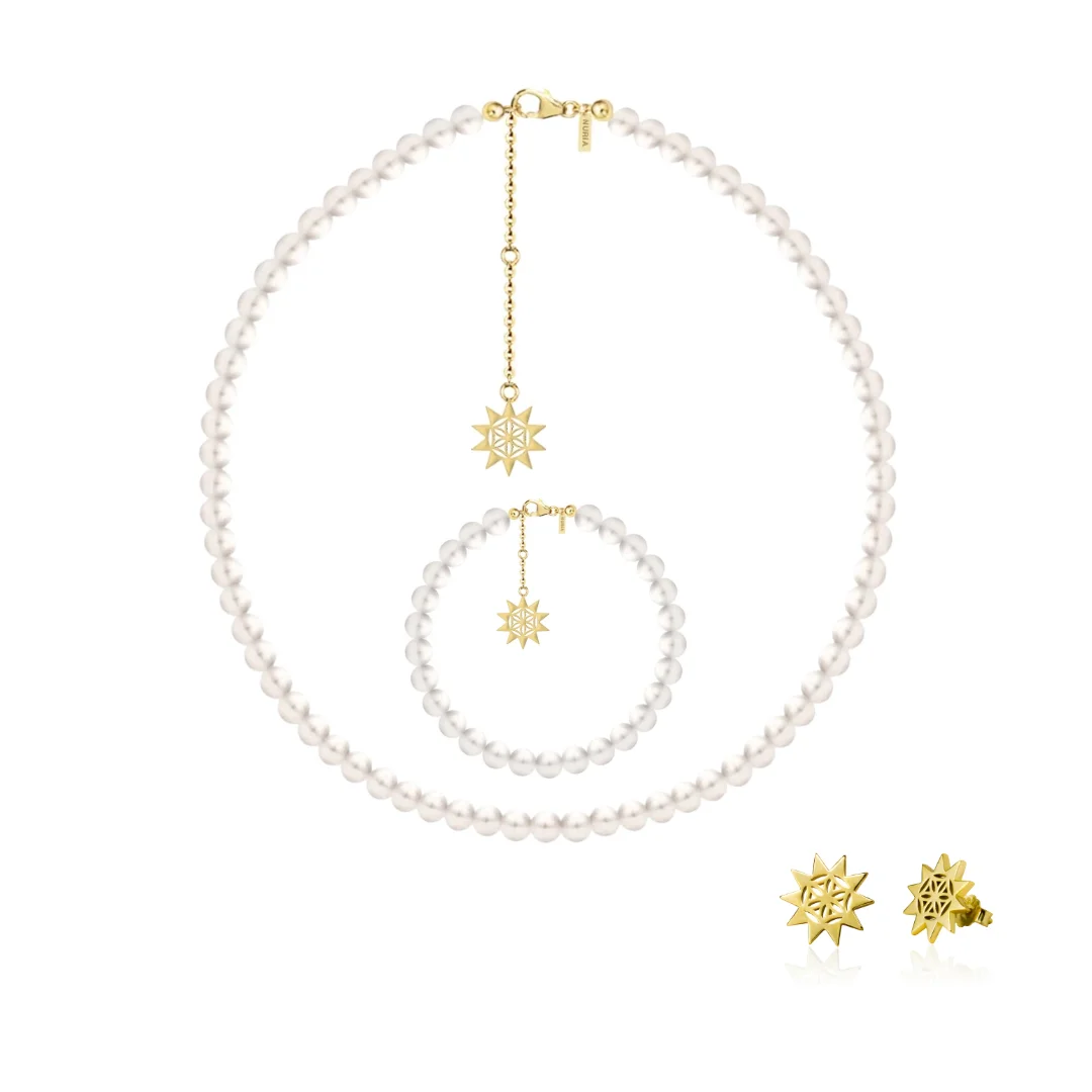 Seturi bijuterii din argint - Set Colier, Brățară și Cercei din argint cu perle naturale de cultură mari Soare Auriu