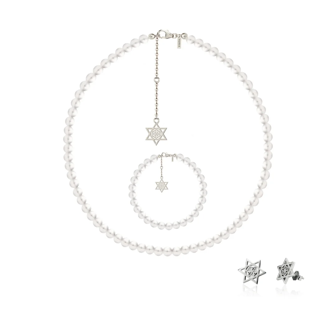 Seturi bijuterii din argint - Set Colier, Brățară și Cercei din argint cu perle naturale de cultură mari Stea Argintiu