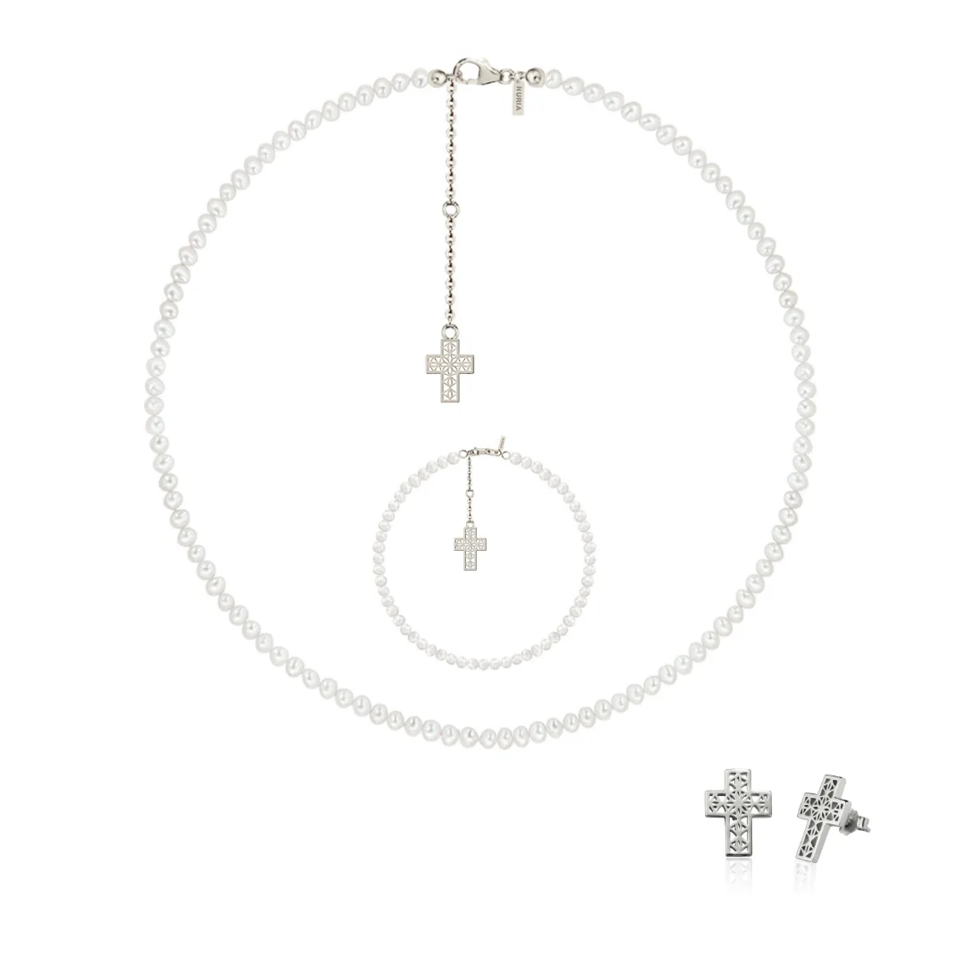 Christmas Sale - Set Colier, Brățară și Cercei din argint cu perle naturale de cultură mici Cruce Argintiu