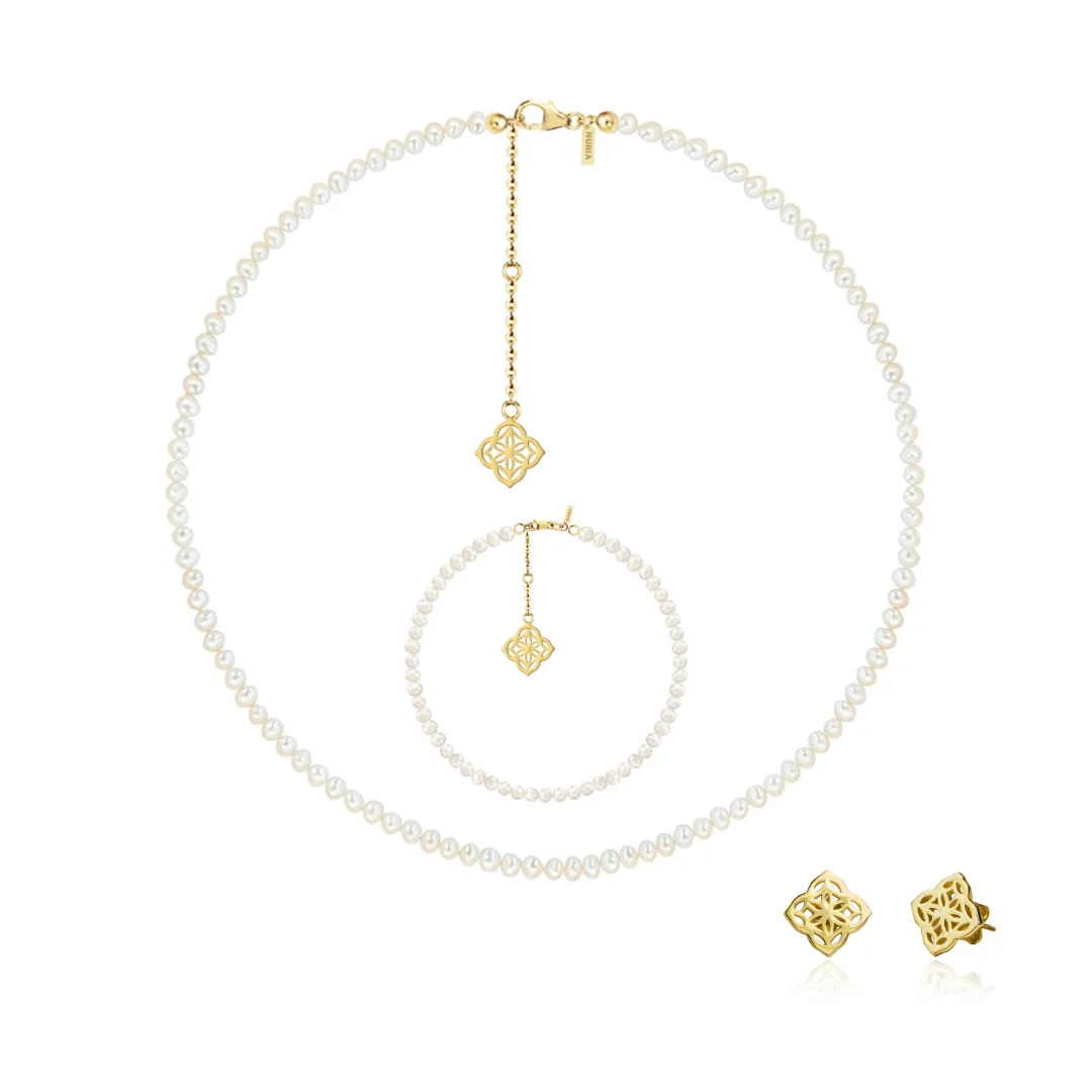 Christmas Sale - Set Colier, Brățară și Cercei din argint cu perle naturale de cultură mici Inimă Auriu