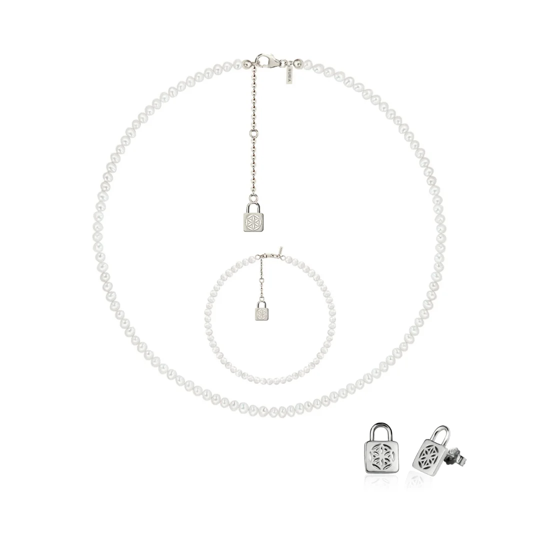 Christmas Sale - Set Colier, Brățară și Cercei din argint cu perle naturale de cultură mici Sigiliu Argintiu