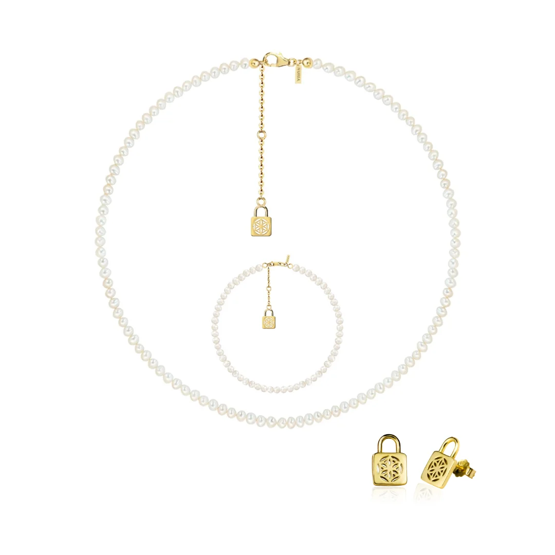 Christmas Sale - Set Colier, Brățară și Cercei din argint cu perle naturale de cultură mici Sigiliu Auriu