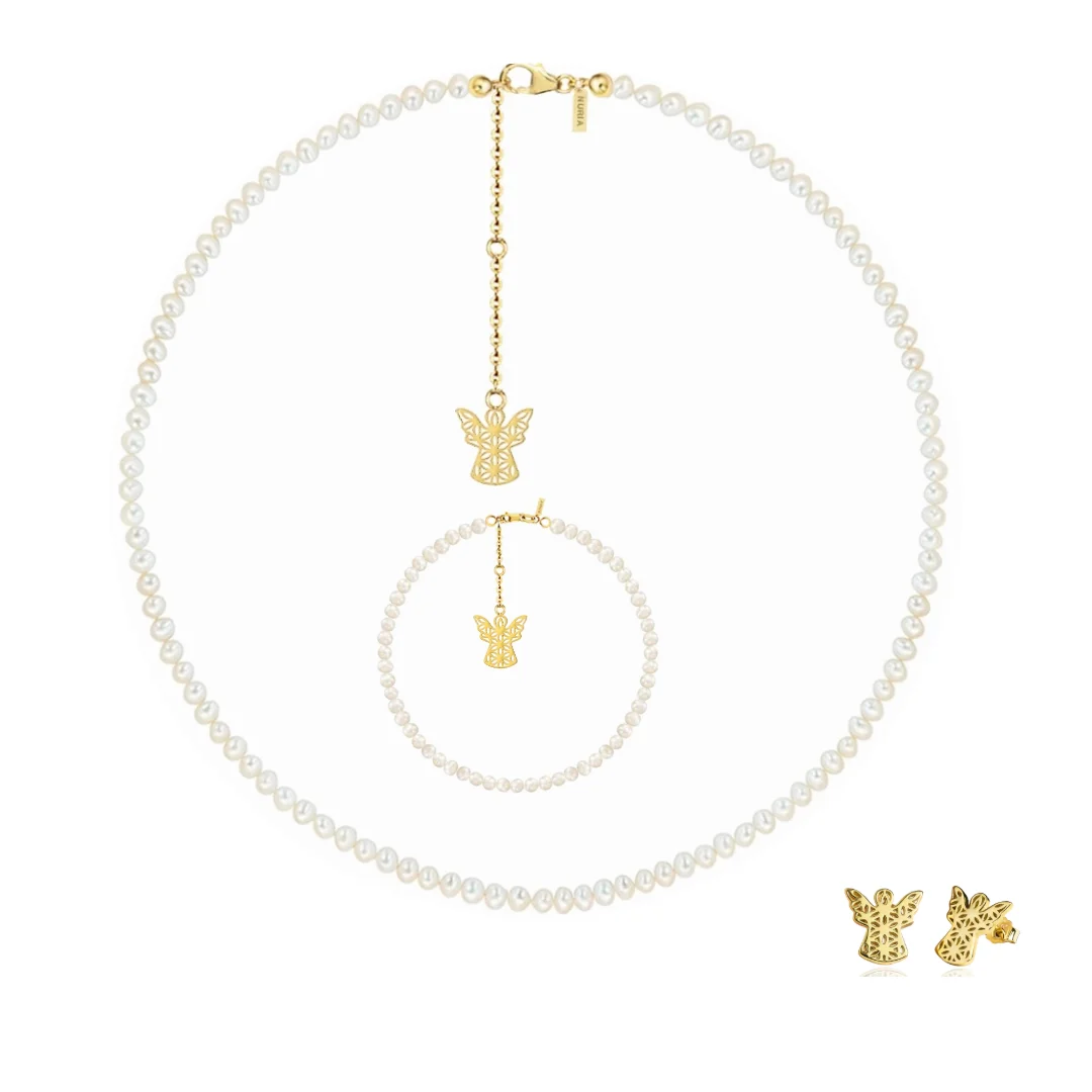 Seturi bijuterii din argint - Set Colier, Brățară și Cercei din argint cu perle naturale de cultură mici Înger Auriu