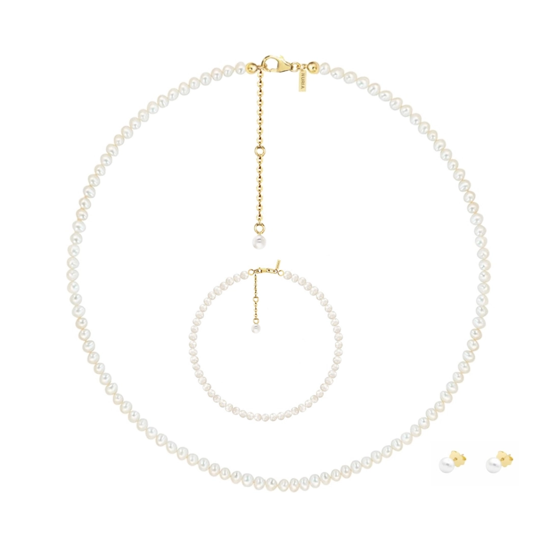 Seturi bijuterii din argint - Set Colier, Brățară și Cercei din argint cu perle naturale de cultură Small Pearl String Gold
