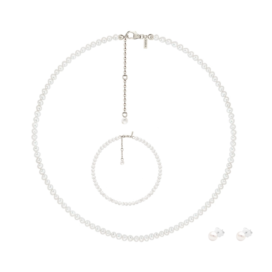 Seturi bijuterii din argint - Set Colier, Brățară și Cercei din argint cu perle naturale de cultură Small Pearl String Silver