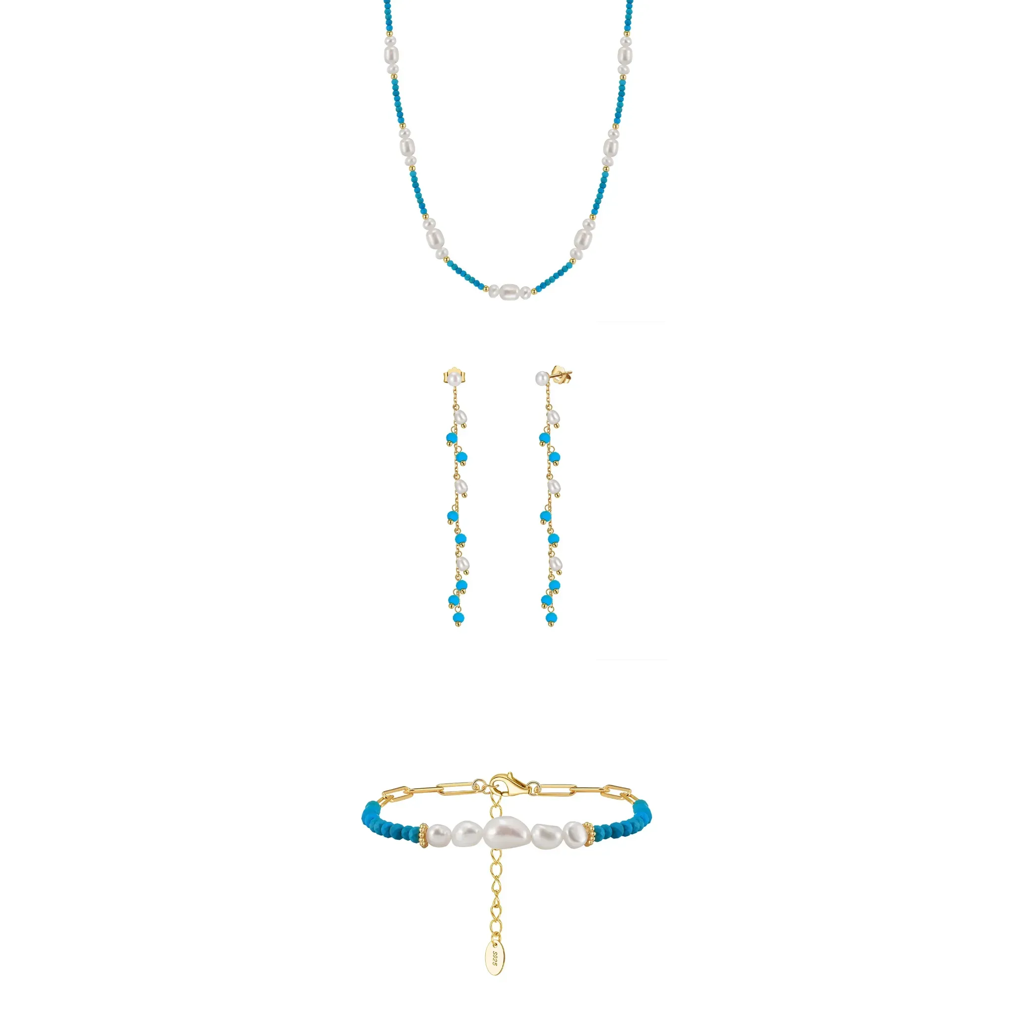 Seturi bijuterii din argint - Set Colier, Brățară și Cercei din Argint cu Perle Naturale și Pietre Naturale Turcoaz Turquoise Elegance Boho