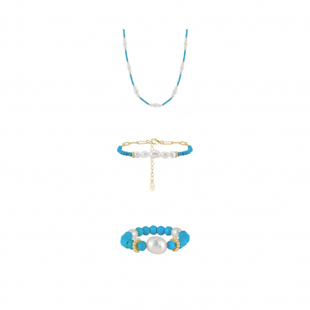 Seturi bijuterii din argint - Set Colier, Brățară și Inel din Argint cu Perle Naturale și Piatră Naturală Turcoaz Turquoise Gold