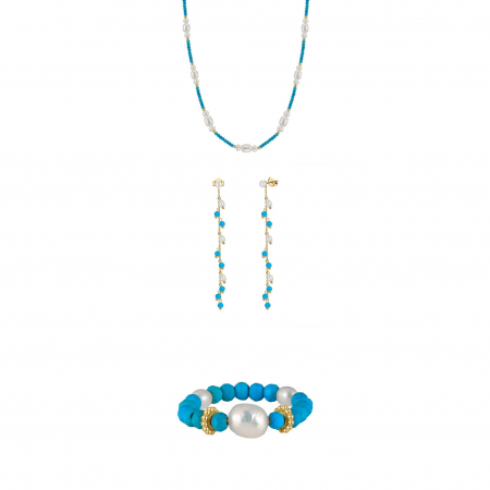 Seturi bijuterii din argint - Set Colier, Cercei și Inel din Argint cu Perle Naturale și Piatră Naturală Turcoaz Turquoise Harmony Gold