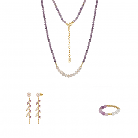 Seturi bijuterii din argint - Set Colier, Cercei și Inel din Argint cu Perle Naturale și Pietre Ametist Lavender Amethyst