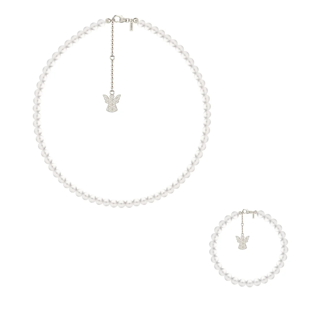 Seturi bijuterii din argint - Set colier și Brățară Argint cu perle naturale de cultură mari Înger Argintiu