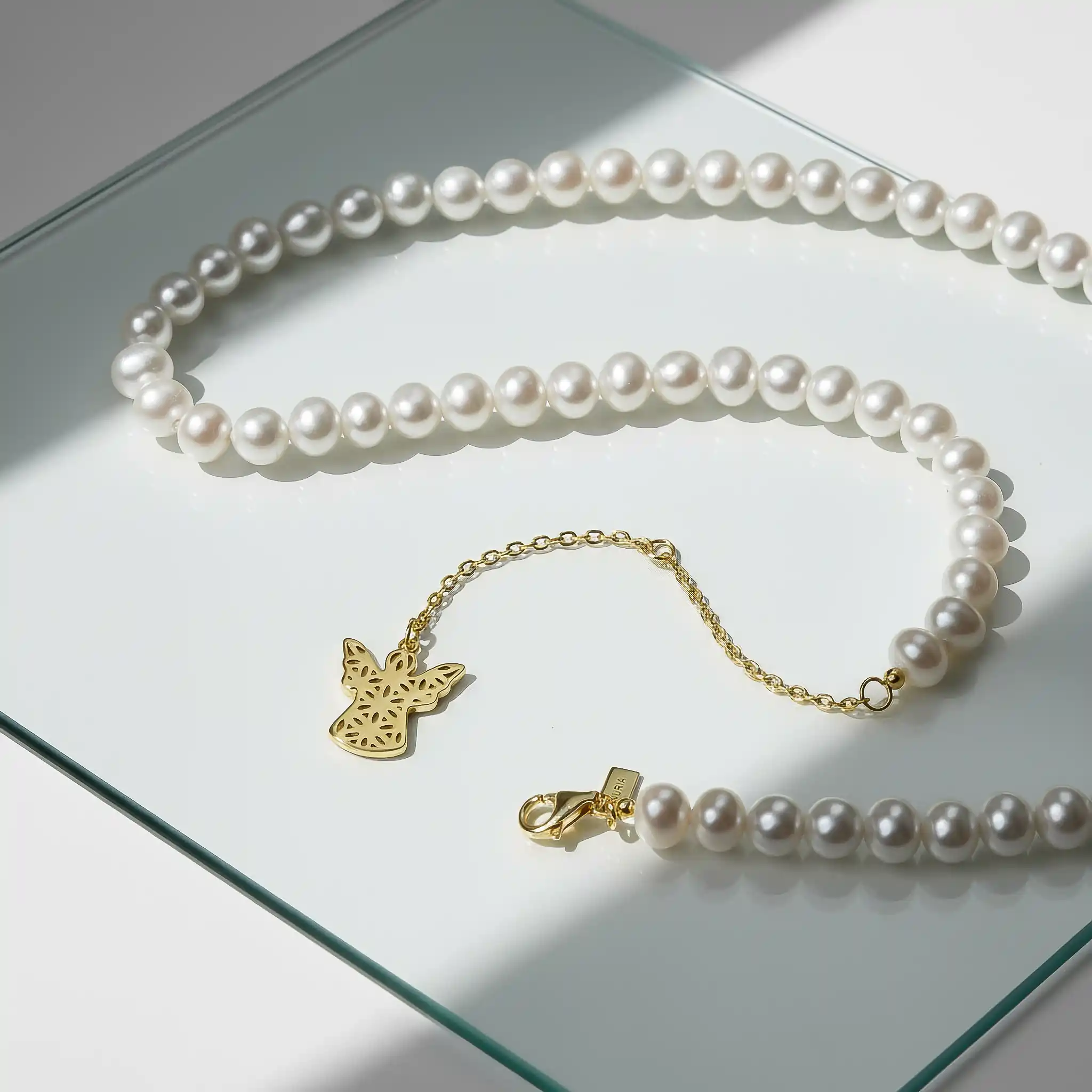 Seturi bijuterii din argint - Set Colier și Brățară Argint cu perle naturale de cultură mari Înger Auriu