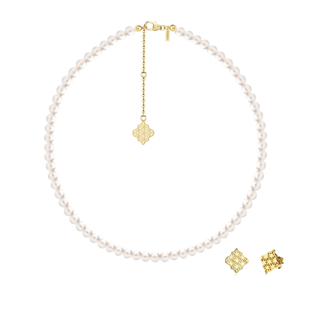 Christmas Sale - Set Colier și Cercei din argint cu perle naturale de cultură mari Compas Auriu