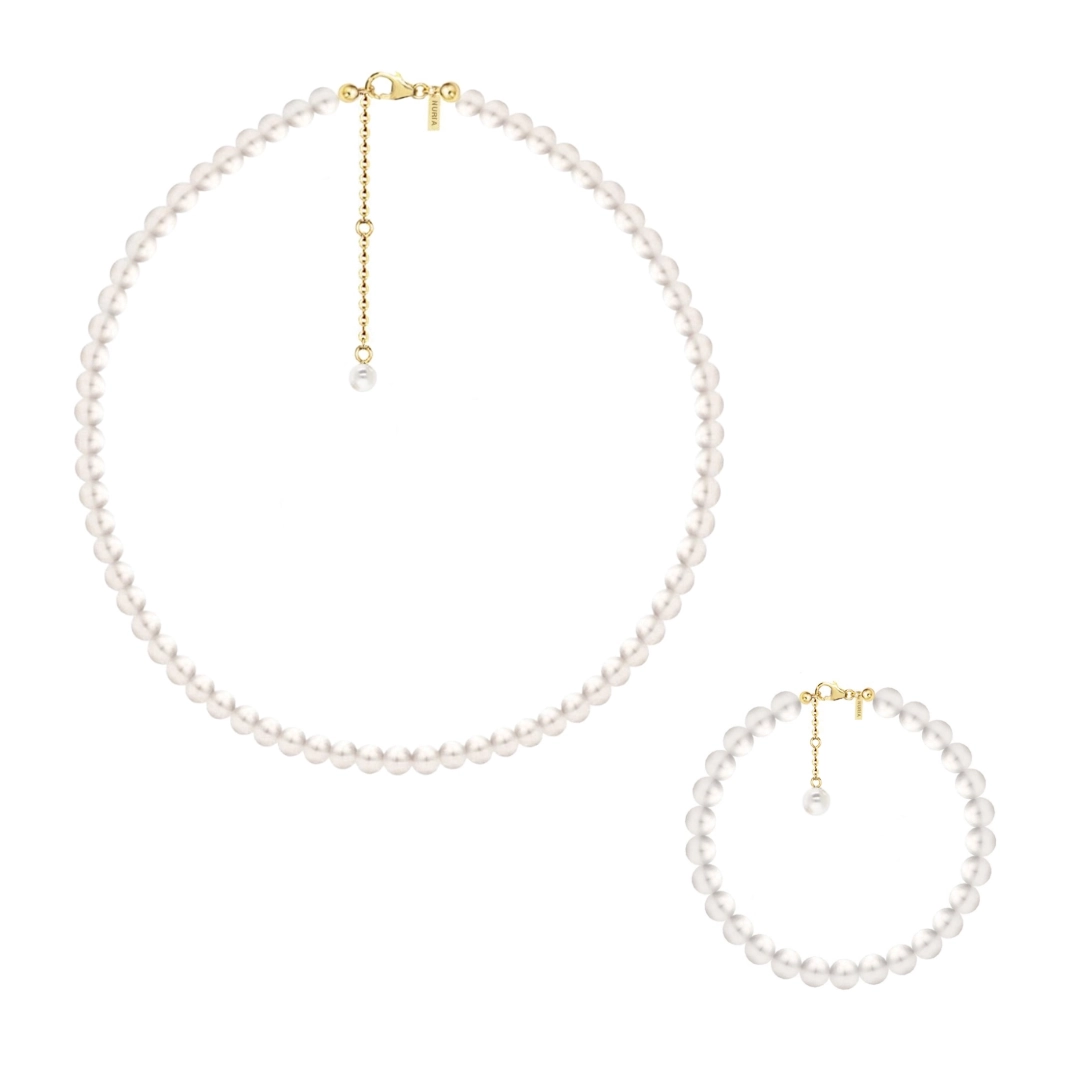 Seturi bijuterii din argint - Set Colier și Brățară Argint cu Perle Naturale de Cultură Large String Gold