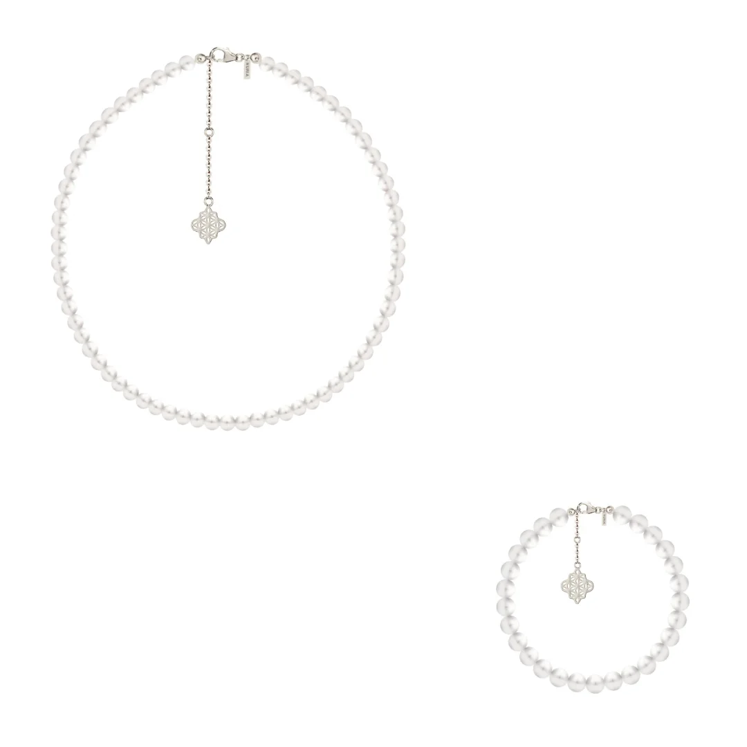 Seturi bijuterii din argint - Set Colier și Brățară Argint cu perle naturale de cultură mari Compas Argintiu