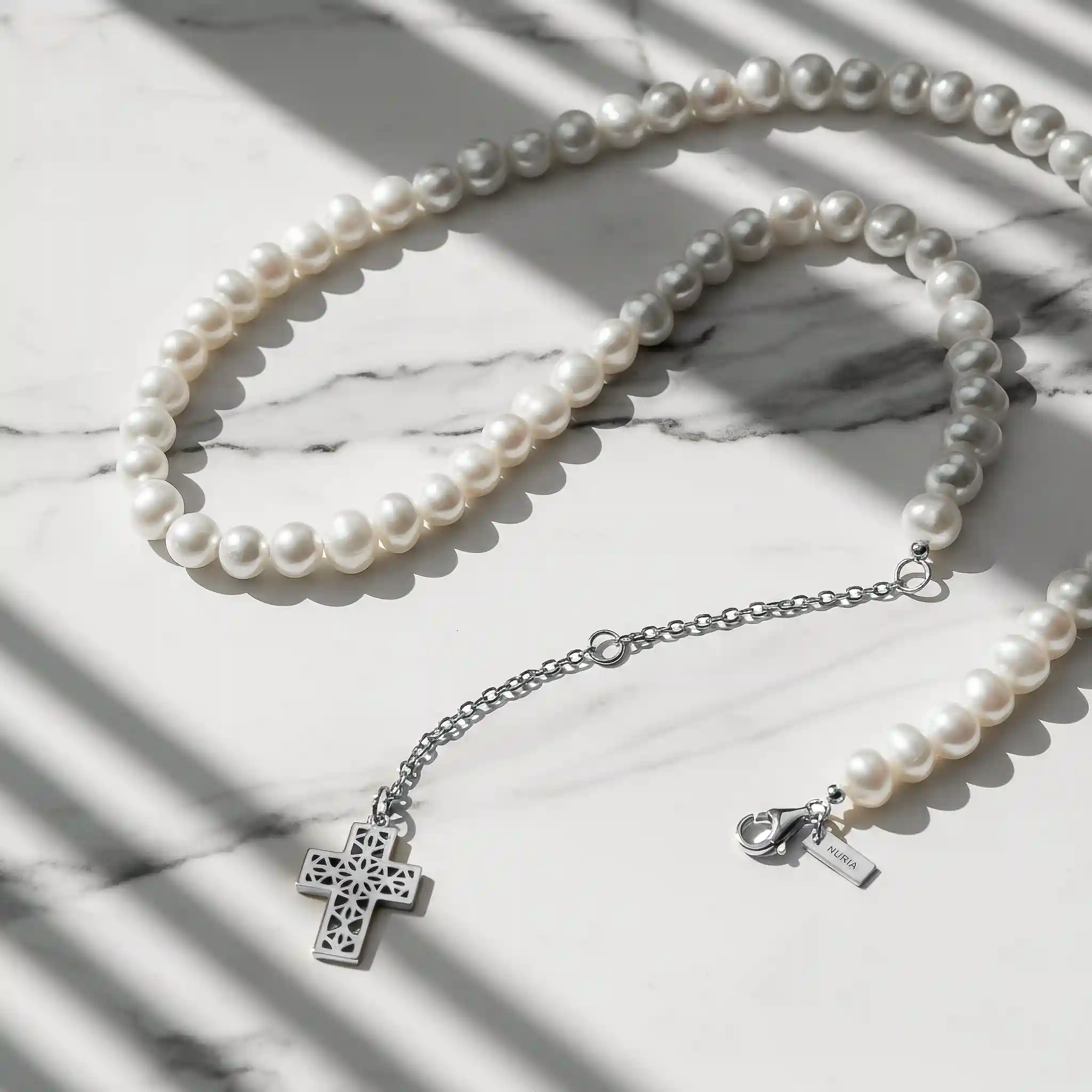 Christmas Sale - Set Colier și Brățară Argint cu perle naturale de cultură mari Cruce Argintiu