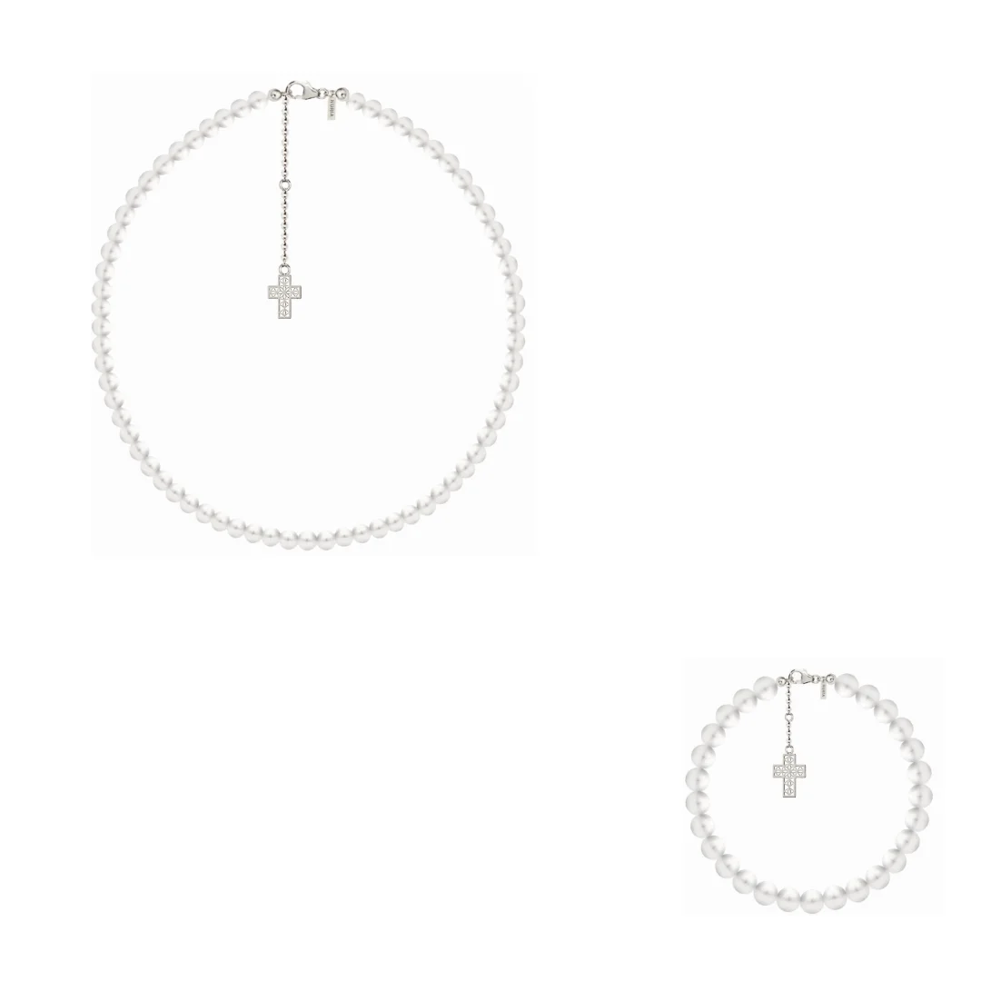 Christmas Sale - Set Colier și Brățară Argint cu perle naturale de cultură mari Cruce Argintiu