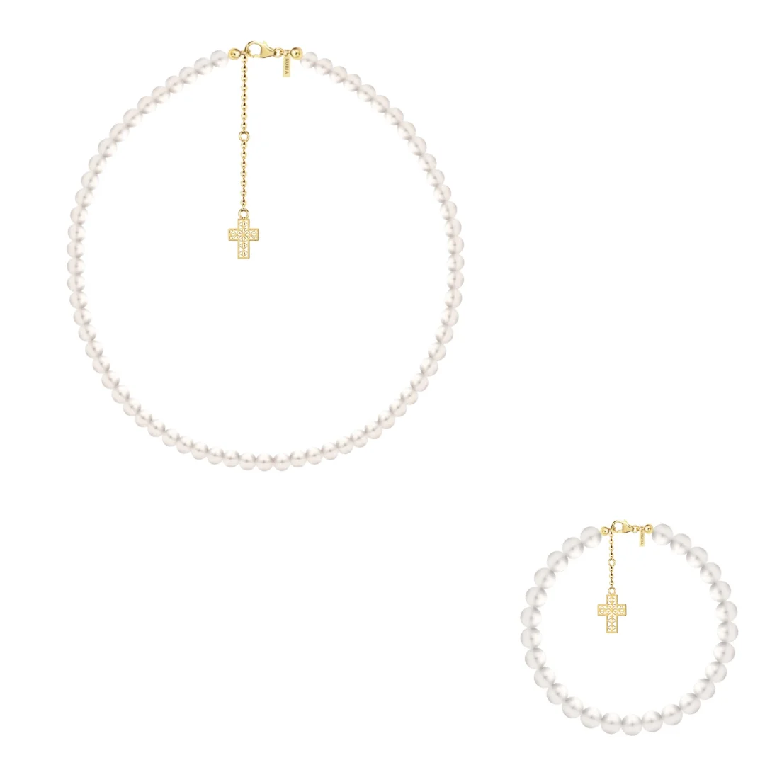 Christmas Sale - Set Colier și Brățară Argint cu perle naturale de cultură mari Cruce Auriu