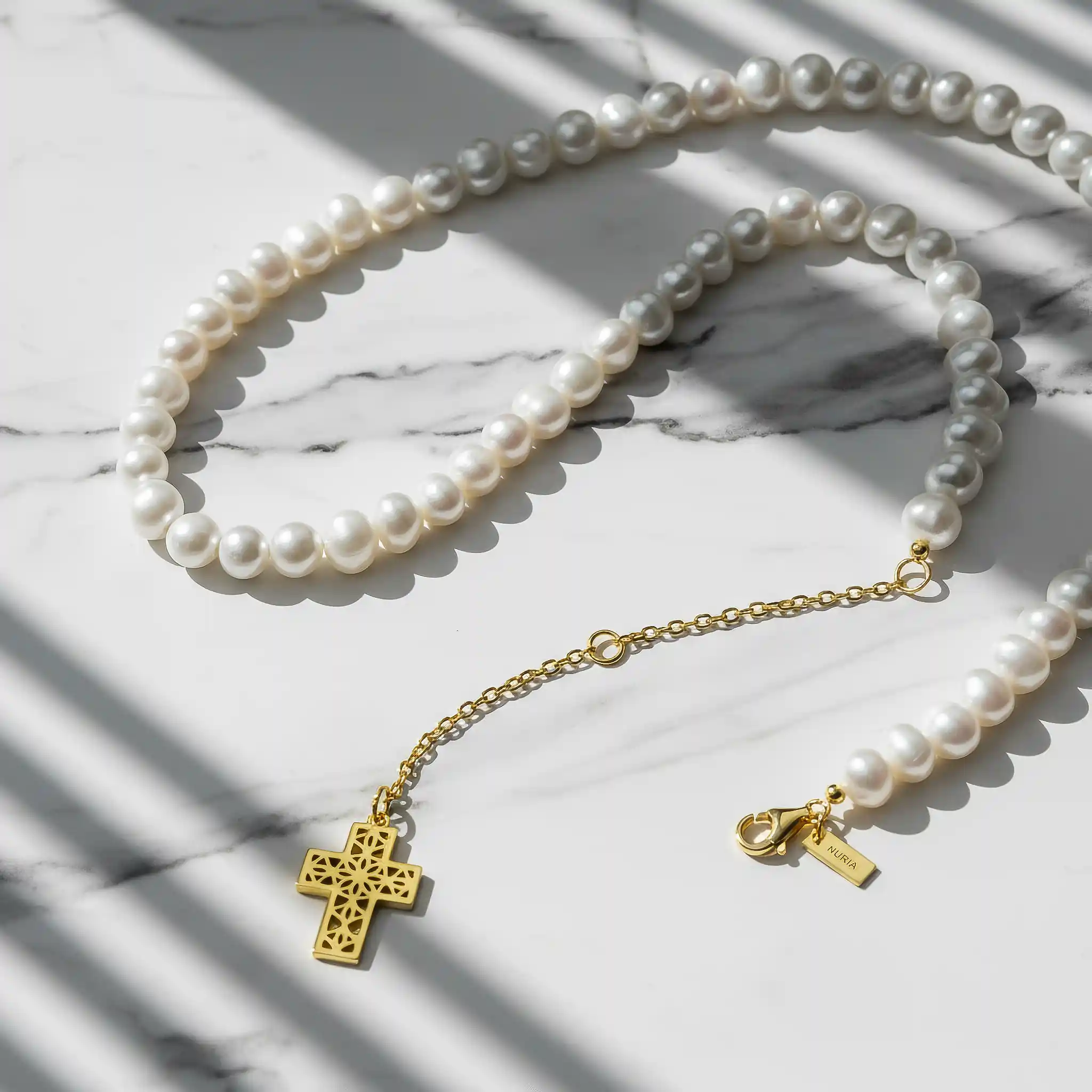 Christmas Sale - Set Colier și Brățară Argint cu perle naturale de cultură mari Cruce Auriu