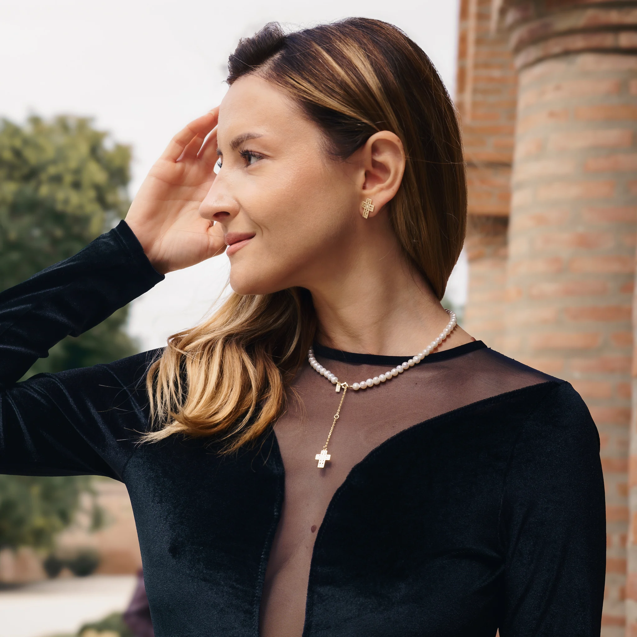 Christmas Sale - Set Colier și Brățară Argint cu perle naturale de cultură mari Cruce Auriu