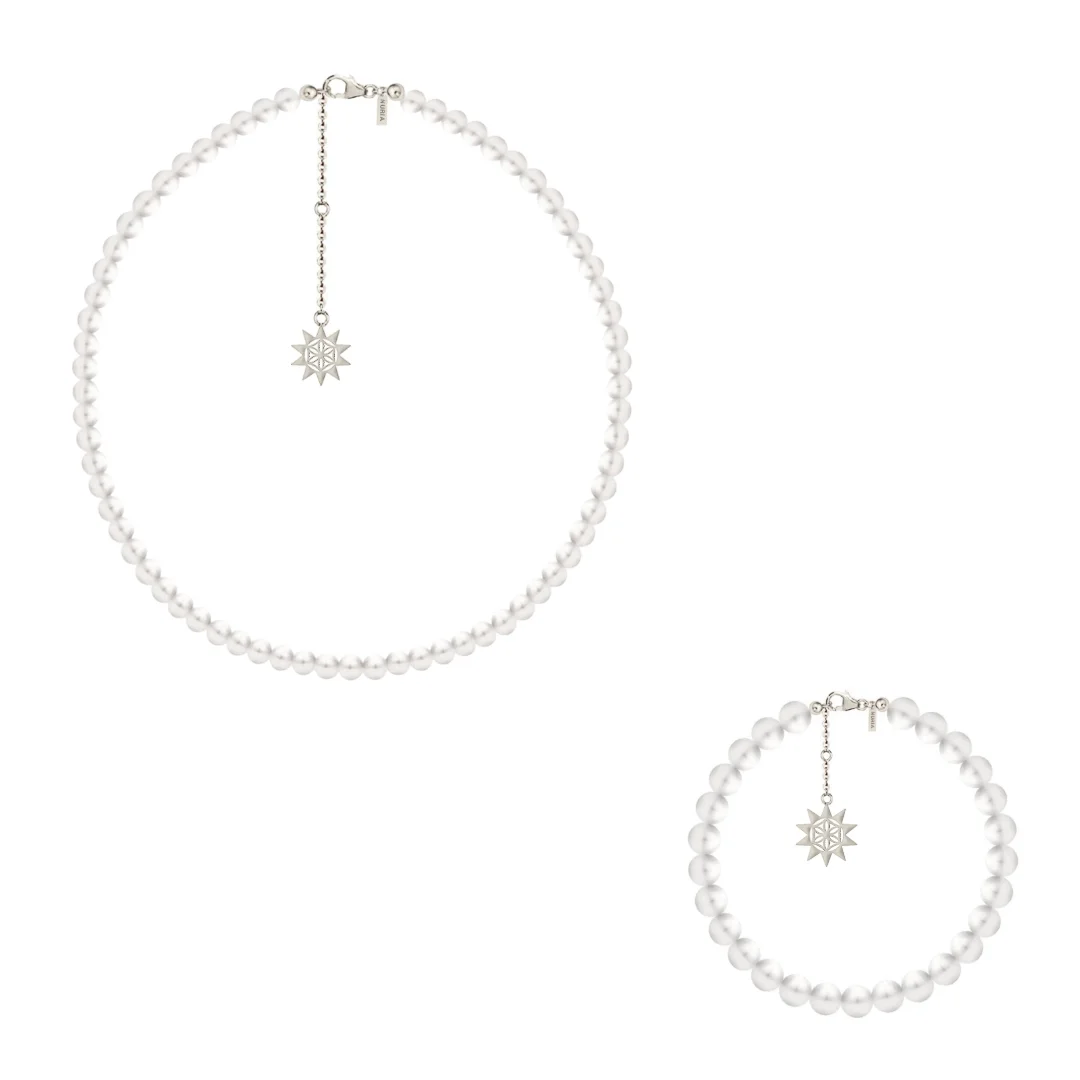 Seturi bijuterii din argint - Set Colier și Brățară Argint cu perle naturale de cultură mari Soare Argintiu