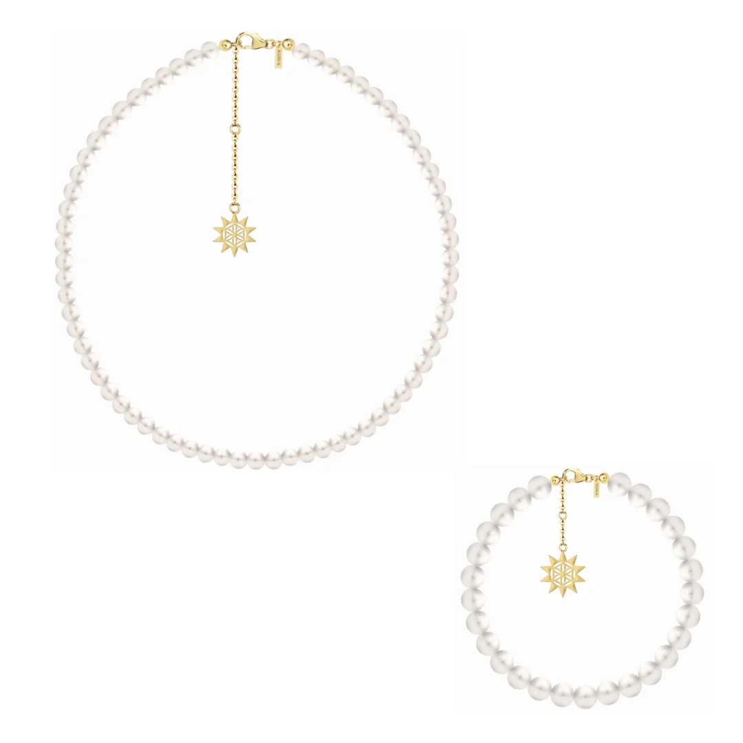 Seturi bijuterii din argint - Set Colier și Brățară Argint cu perle naturale de cultură mari Soare Auriu