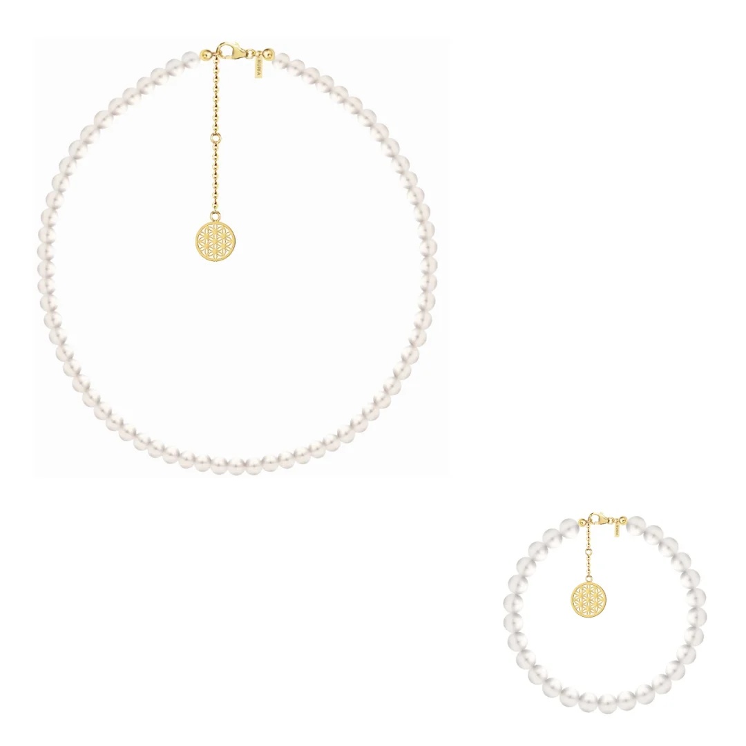 Seturi bijuterii din argint - Set Colier și Brățară Argint cu perle naturale de cultură mari Structură Auriu