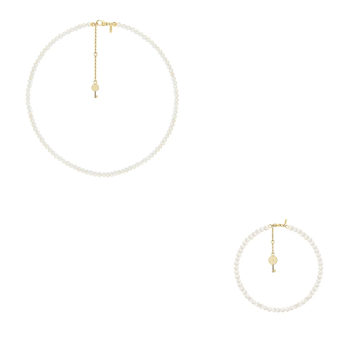 Seturi bijuterii din argint - Set Colier și Brățară Argint cu perle naturale de cultură mici Cheie Auriu