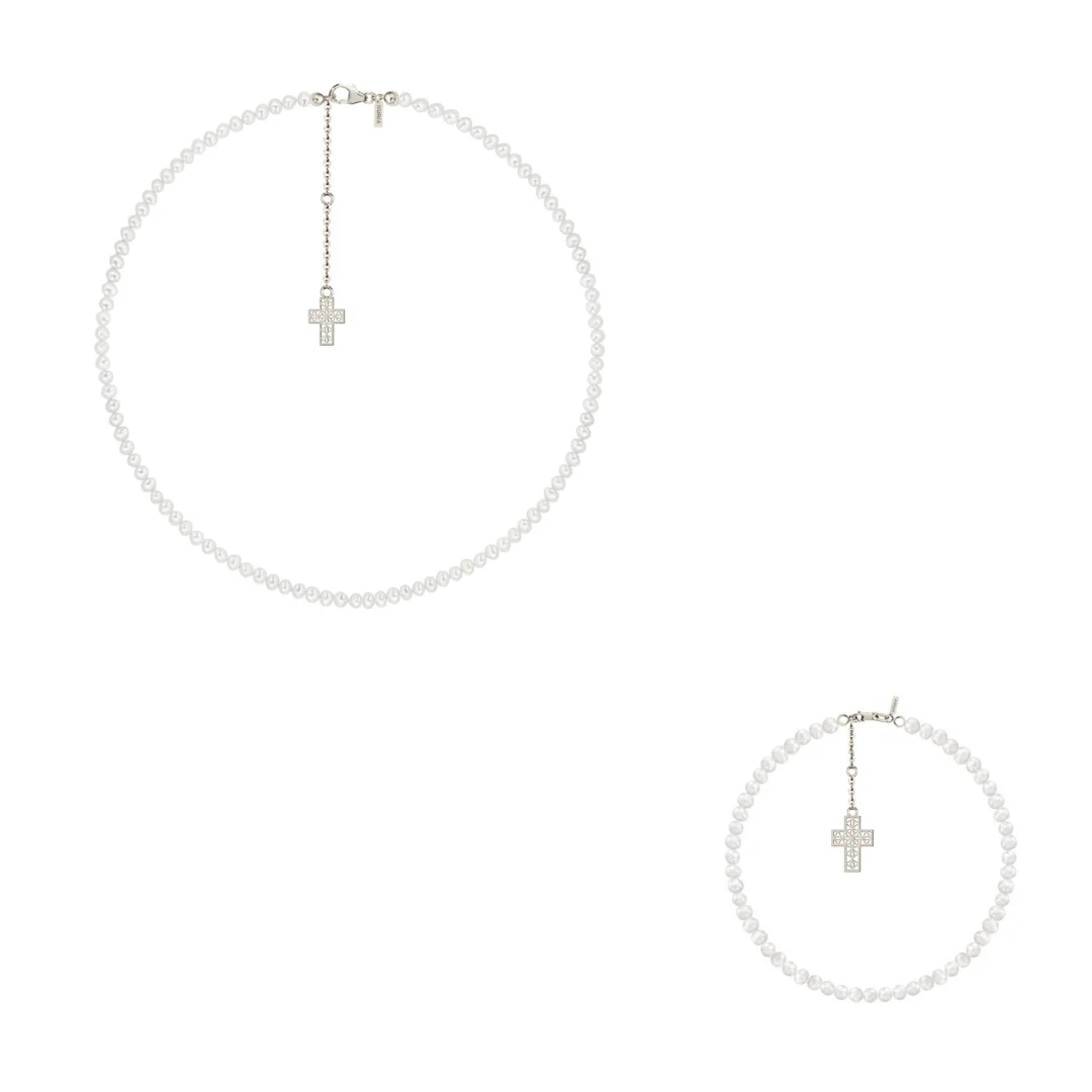 Seturi bijuterii din argint - Set Colier și Brățară Argint cu perle naturale de cultură mici Cruce Argintiu