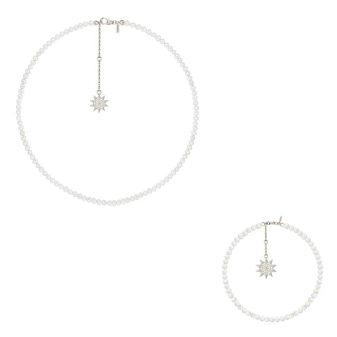 Seturi bijuterii din argint - Set Colier și Brățară Argint cu perle naturale de cultură mici Soare Argintiu