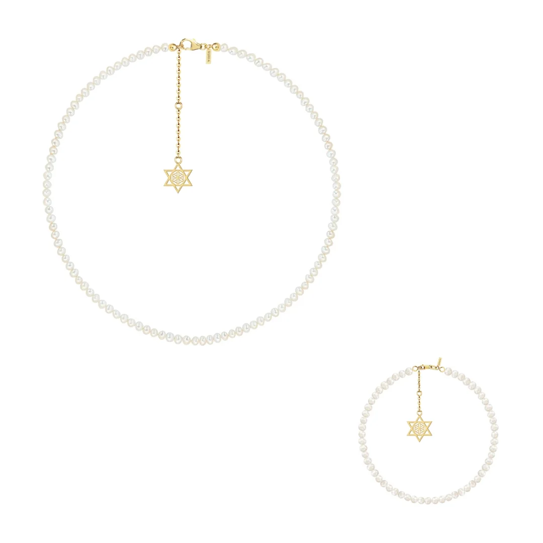 Produse Noi - Set Colier și Brățară Argint cu perle naturale de cultură mici Stea Auriu