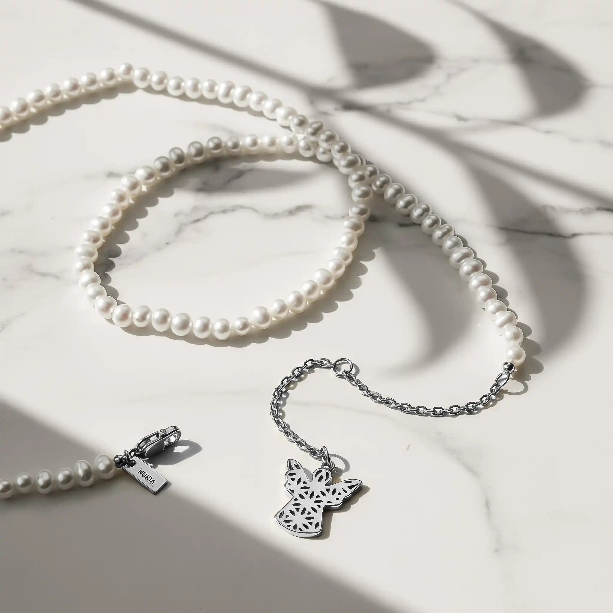 Seturi bijuterii din argint - Set Colier și Brățară Argint cu perle naturale de cultură mici Înger Argintiu