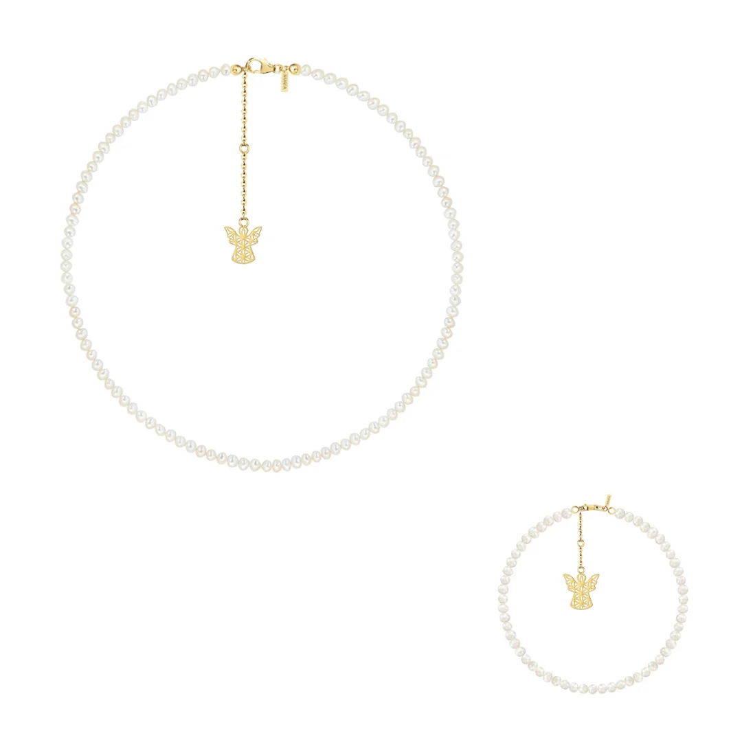 Christmas Sale - Set Colier și Brățară Argint cu perle naturale de cultură mici Înger Auriu