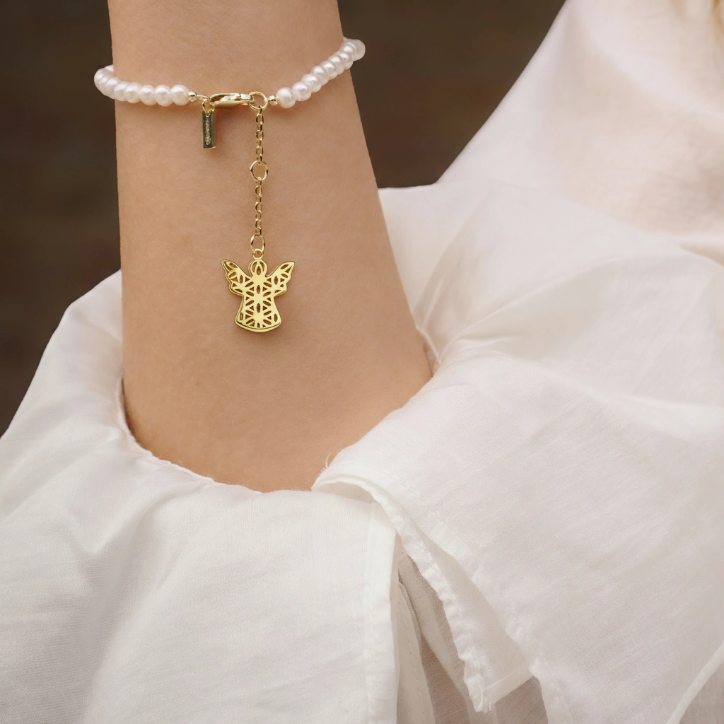 Christmas Sale - Set Colier și Brățară Argint cu perle naturale de cultură mici Înger Auriu