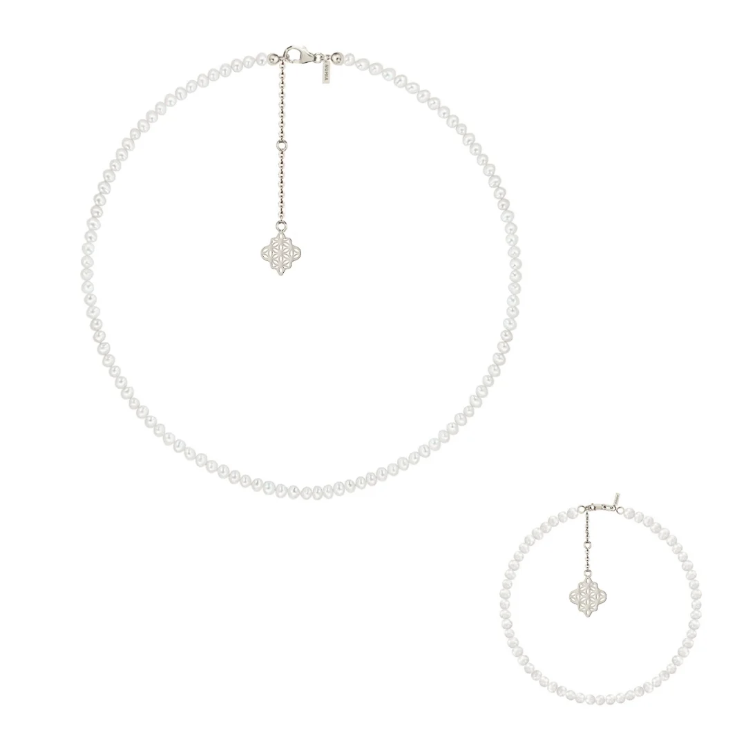 Seturi bijuterii din argint - Set Colier și Brățară Argint cu perle naturale de cultură mici Compas Argintiu