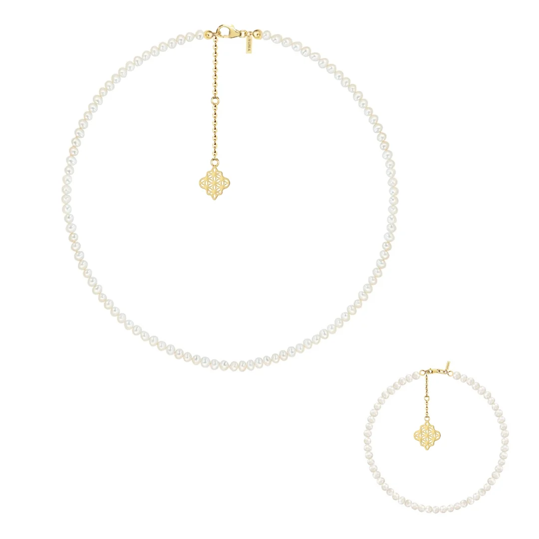 Seturi bijuterii din argint - Set Colier și Brățară Argint cu perle naturale de cultură mici Compas Auriu