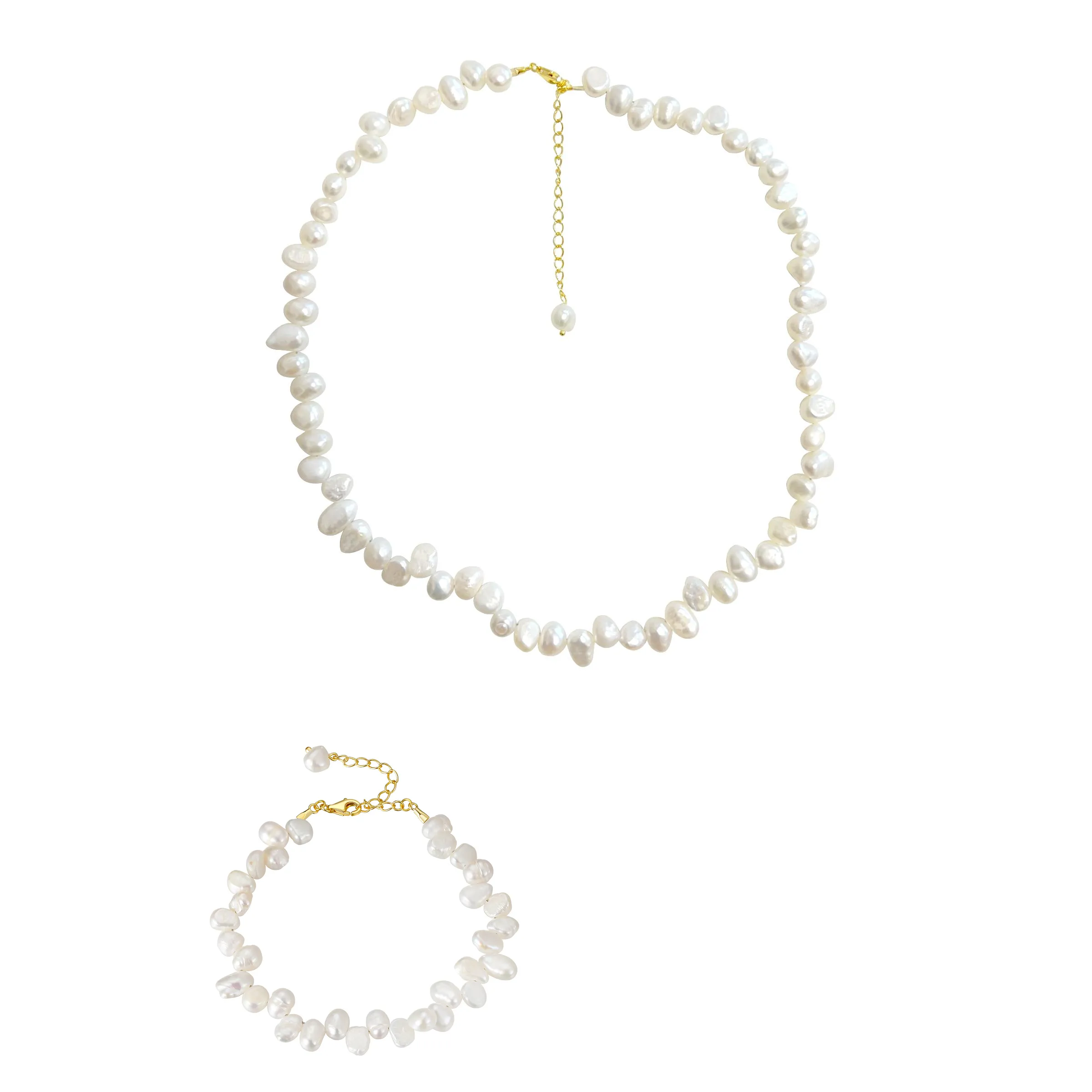 Seturi bijuterii din argint - Set Colier si Brățară din argint cu perle naturale de cultură gold Raw Collection