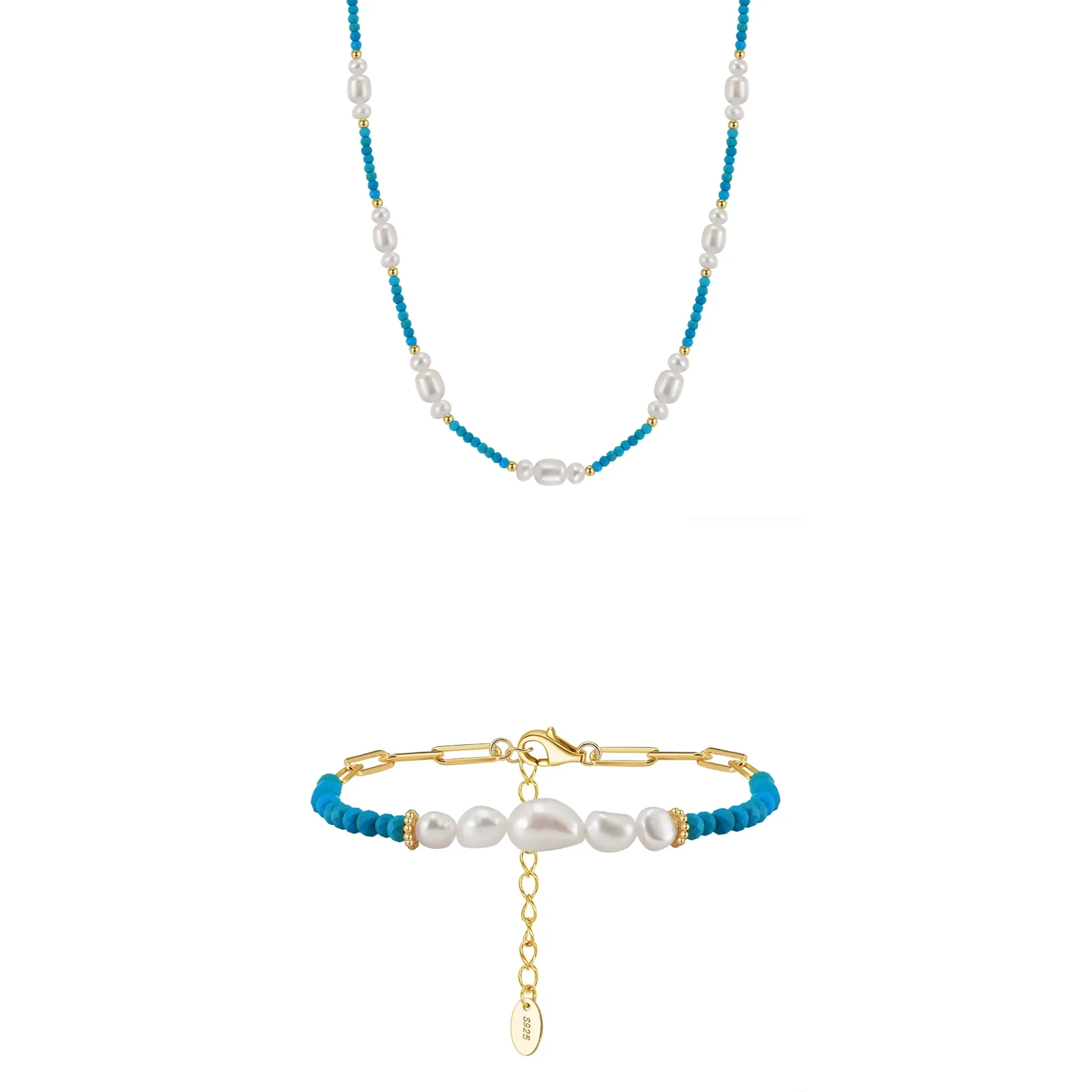 Seturi bijuterii din argint - Set Colier și Brățară din Argint cu Perle Naturale și Piatră Naturală Turcoaz Turquoise Boho