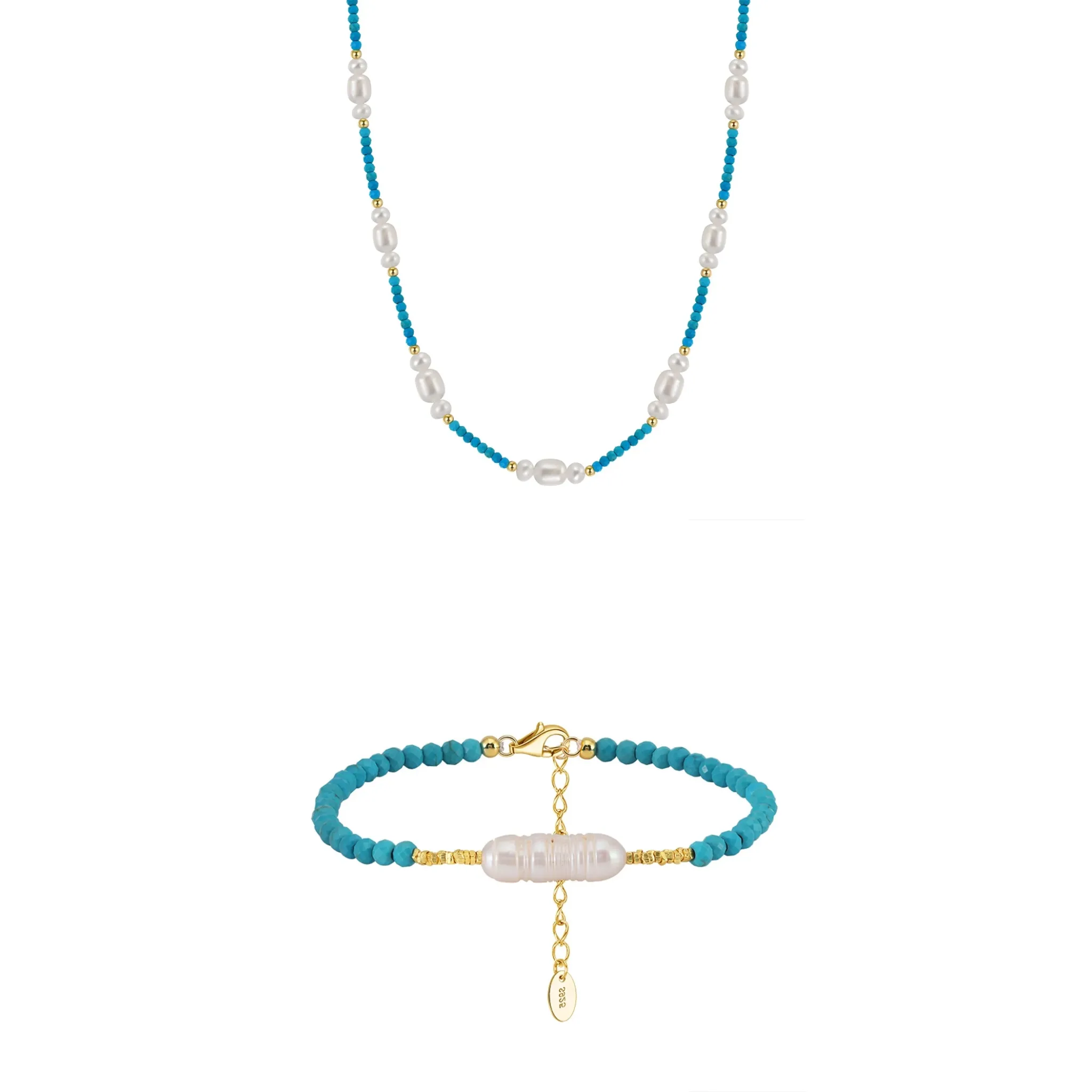 Seturi bijuterii din argint - Set Colier și Brățară din Argint cu Perle Naturale și Piatră Naturală Turcoaz Turquoise Gold