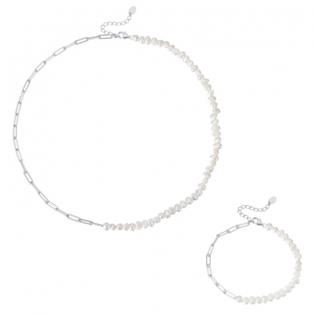 Seturi bijuterii din argint - Set Colier și Brățară paperclip din argint cu perle naturale de cultură silver Raw Collection
