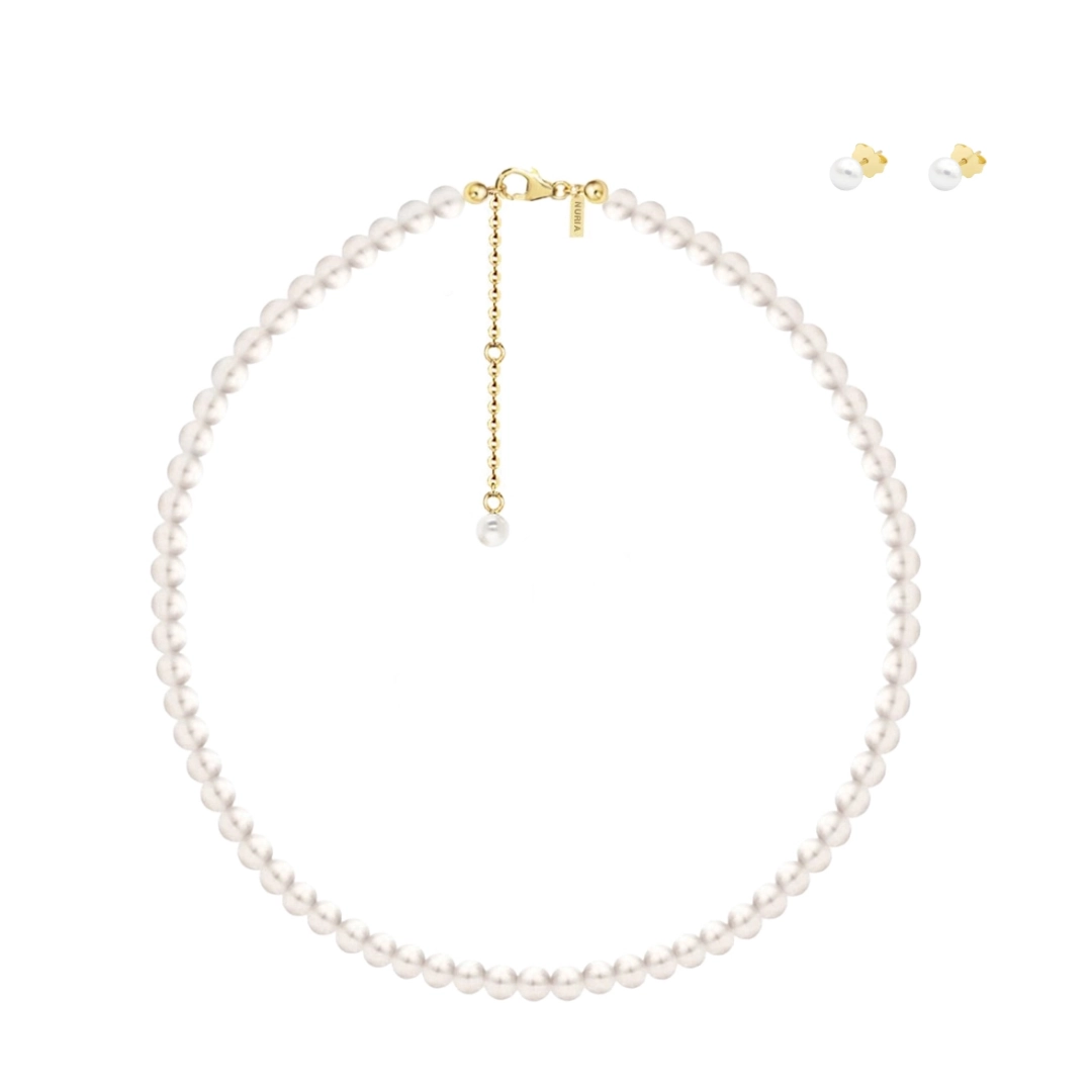 Seturi bijuterii din argint - Set Colier și Cercei Argint cu Perle Naturale de Cultură Large String Gold