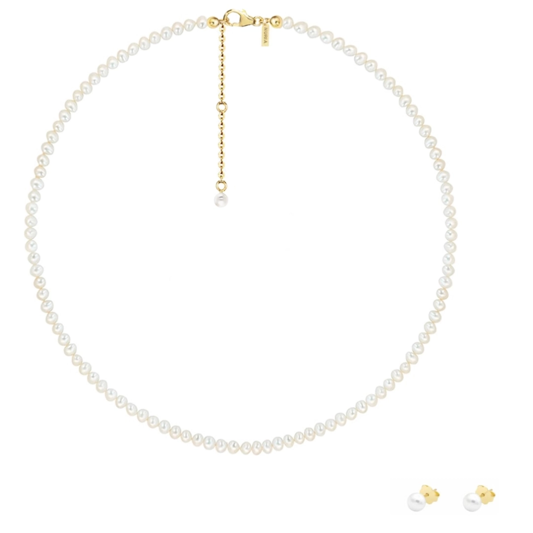 Seturi bijuterii din argint - Set Colier și Cercei Argint cu Perle Naturale de Cultură Small String Gold