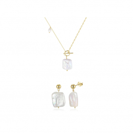 Seturi bijuterii din argint - Set Colier și Cercei din Argint cu Perle Naturale Baroque Gold