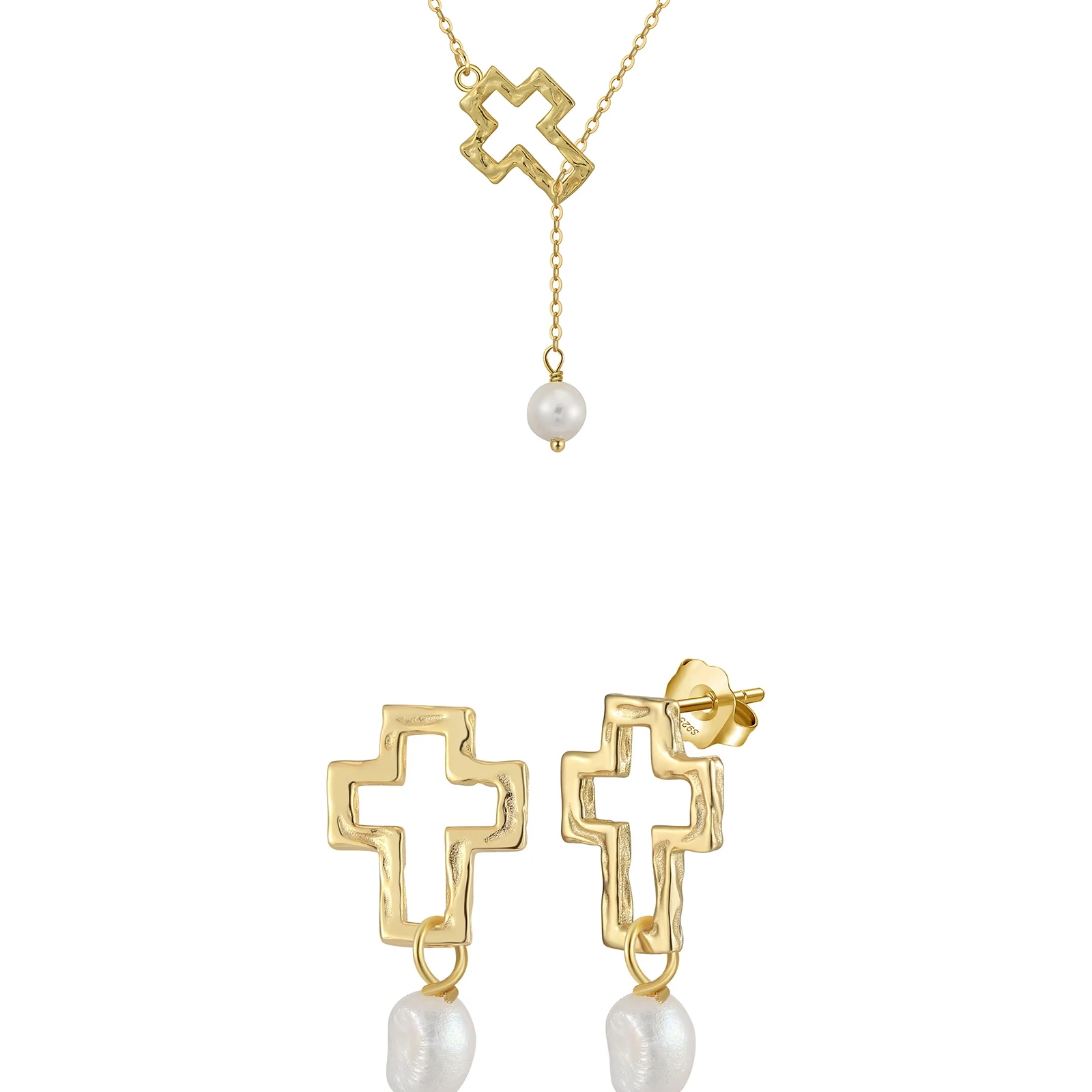 Seturi bijuterii din argint - Set Colier și Cercei din Argint cu Perle Naturale de Cultură Cross With Pearl Gold