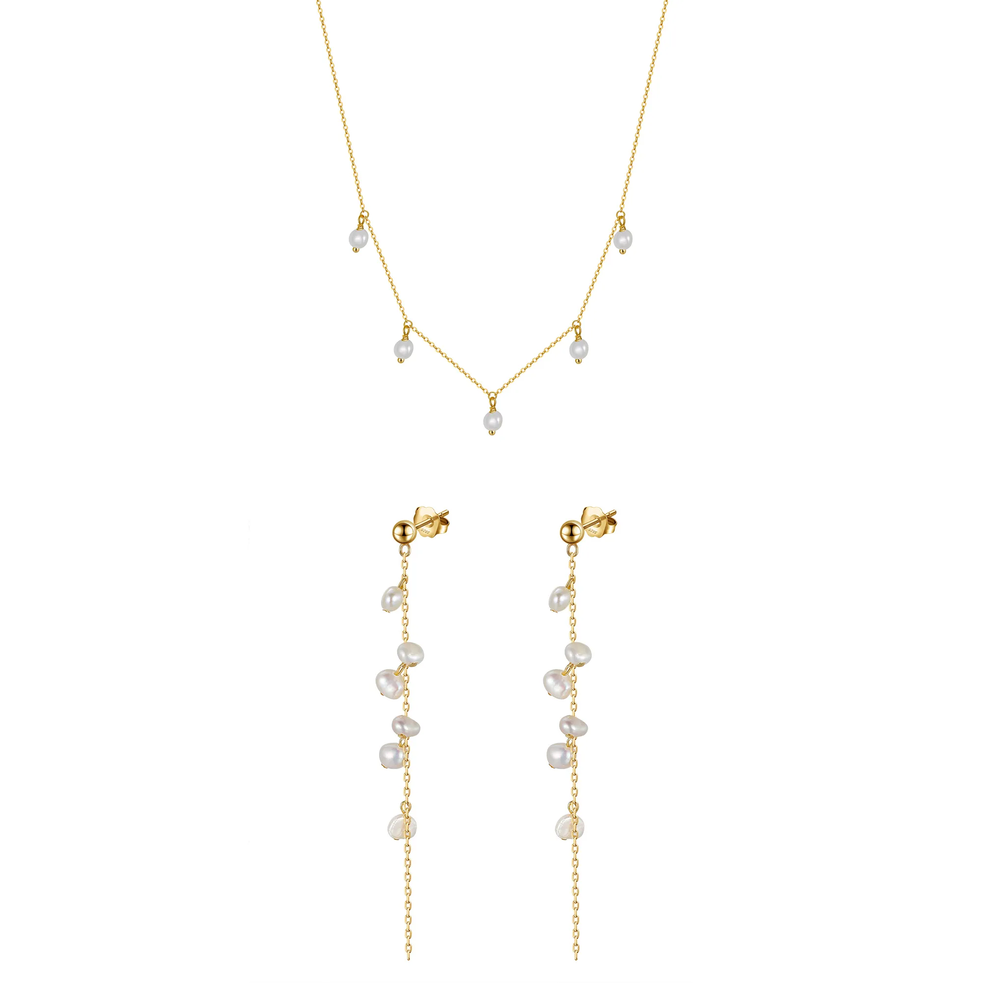 Seturi bijuterii din argint - Set Colier și Cercei din Argint cu perle naturale de cultură Dewdrop Garland Gold