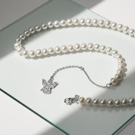 Seturi bijuterii din argint - Set Colier și Cercei din argint cu perle naturale de cultură mari Înger Argintiu
