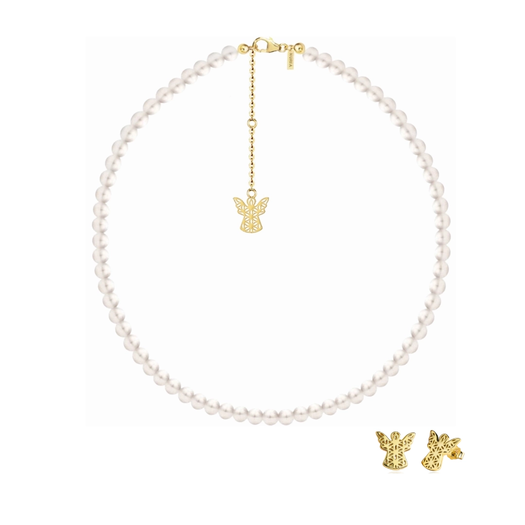 Seturi bijuterii din argint - Set Colier și Cercei din argint cu perle naturale de cultură mari Înger Auriu