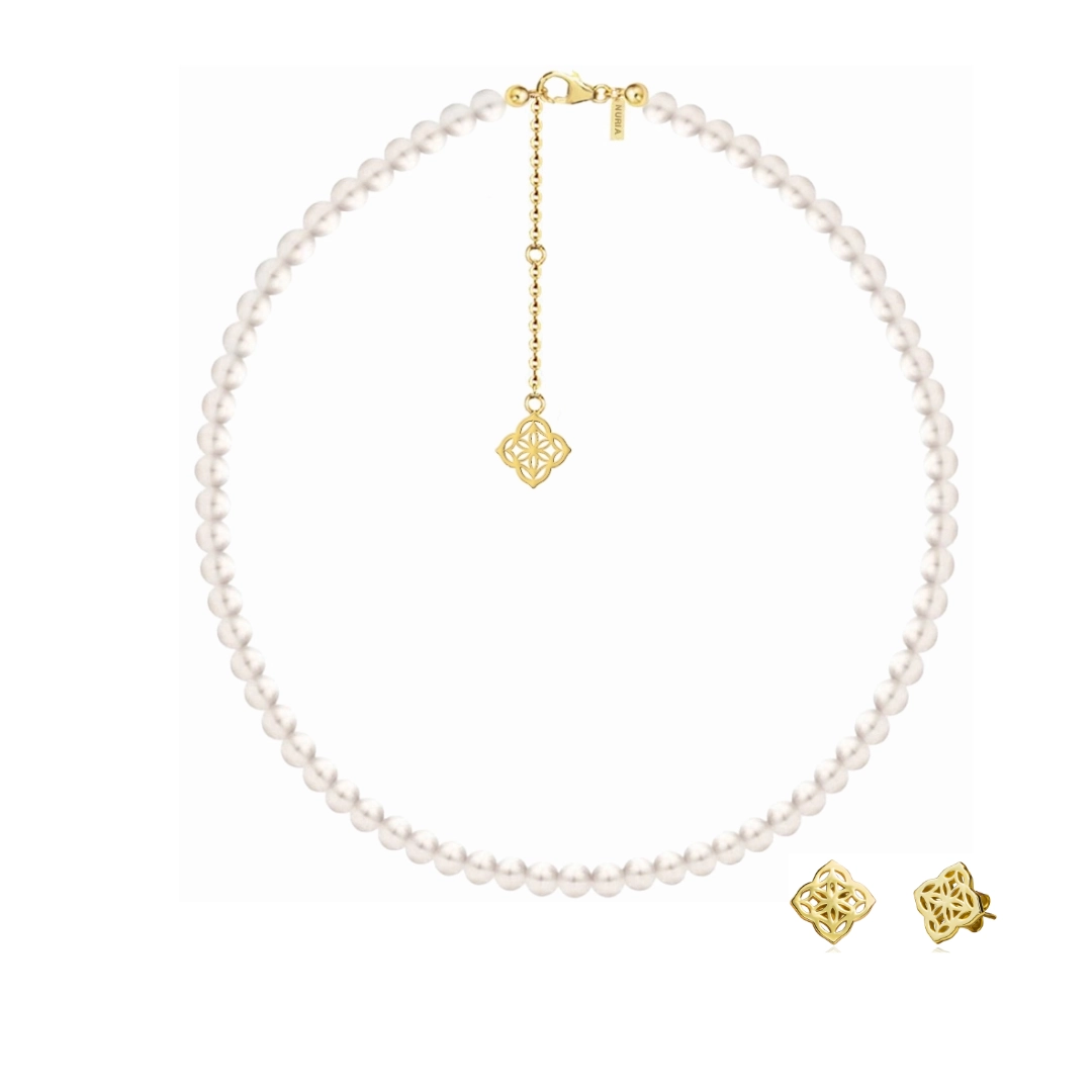 Seturi bijuterii din argint - Set Colier și Cercei din argint cu perle naturale de cultură mari Inimă Auriu